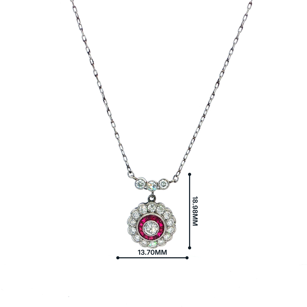 Platinum Ruby and Natural Diamond Red Cluster Pendant and Chain