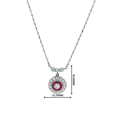 Platinum Ruby and Natural Diamond Red Cluster Pendant and Chain