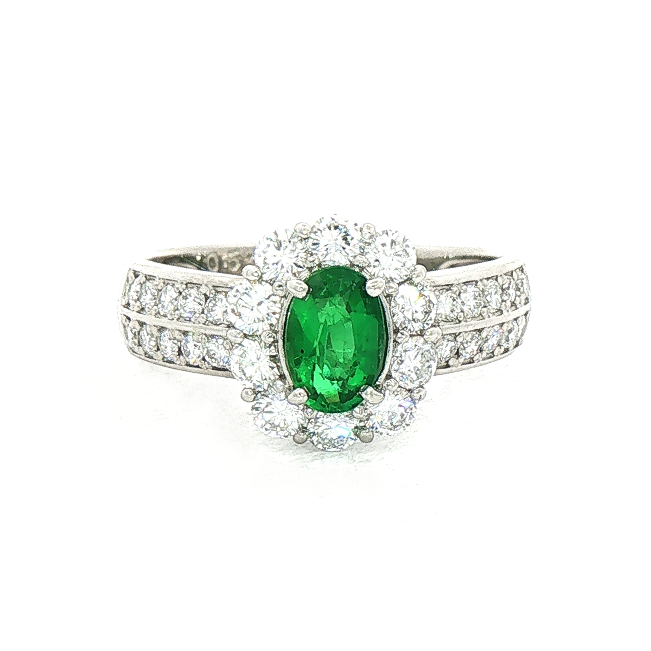 0.52ct Oval Emerald & 0.76ct Natural Diamond Cluster Halo with Double Row Shank in 18ct White Gold