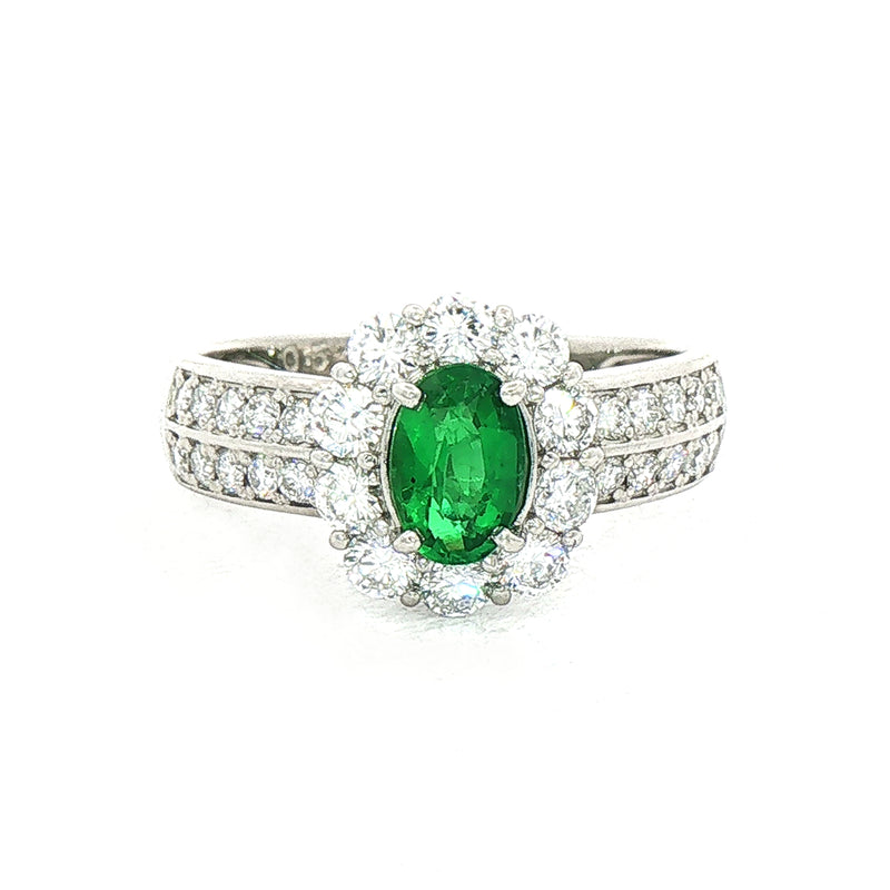 0.52ct Oval Emerald & 0.76ct Natural Diamond Cluster Halo with Double Row Shank in 18ct White Gold
