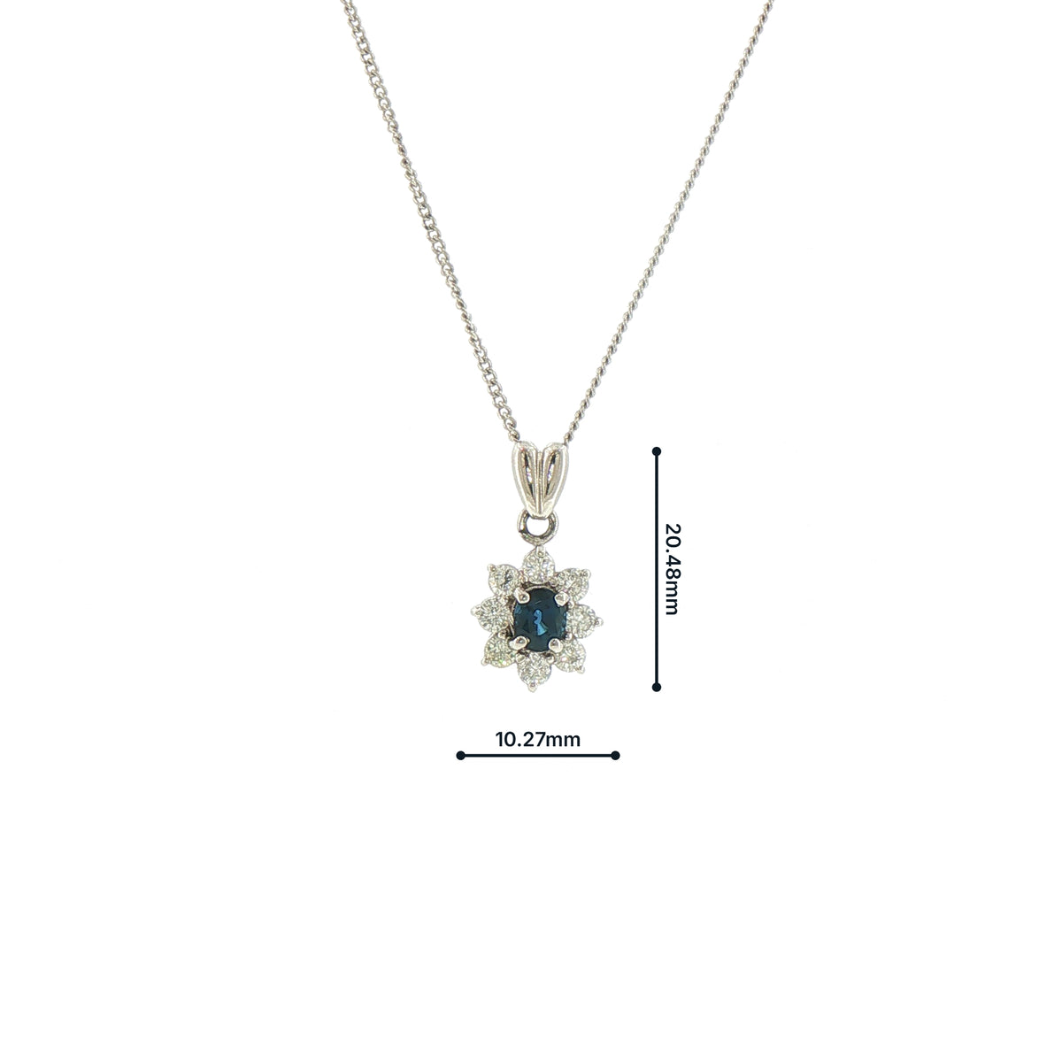 Vintage Oval Sapphire and Natural Diamond Cluster Pendant and Chain in Platinum
