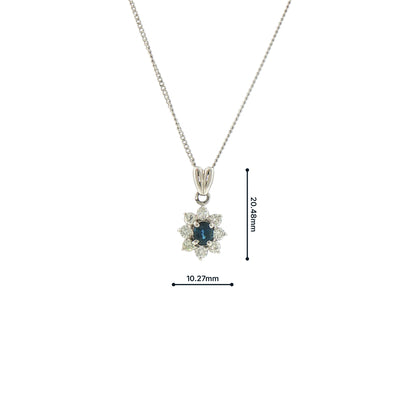 Vintage Oval Sapphire and Natural Diamond Cluster Pendant and Chain in Platinum