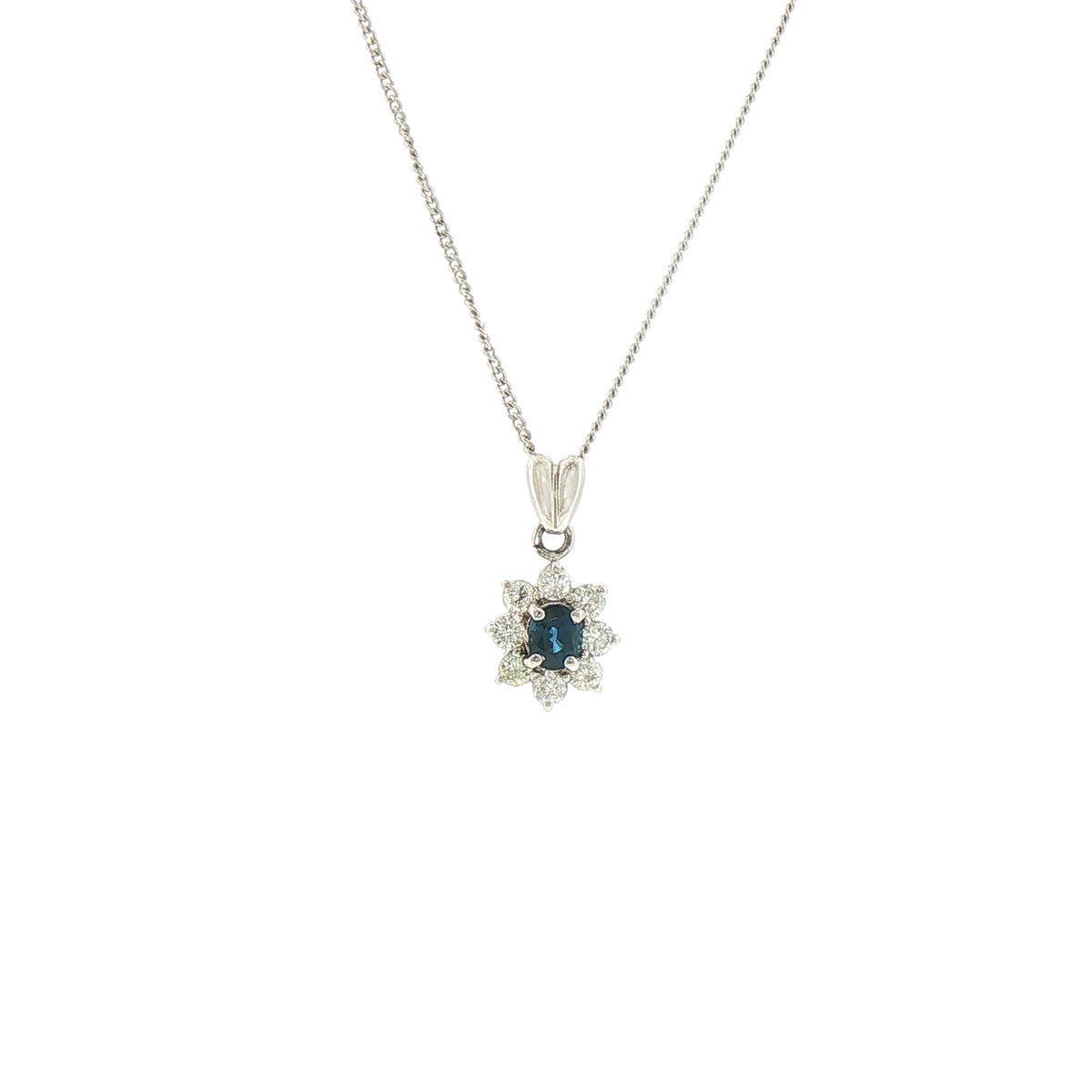 Vintage Oval Sapphire and Natural Diamond Cluster Pendant and Chain in Platinum