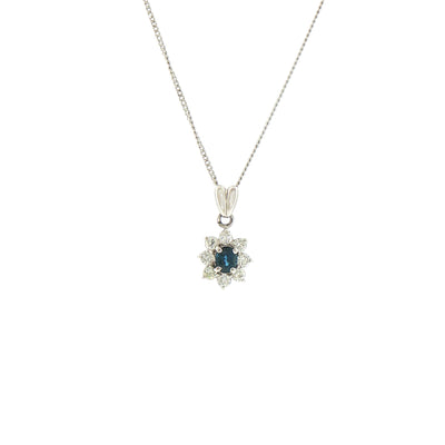 Vintage Oval Sapphire and Natural Diamond Cluster Pendant and Chain in Platinum