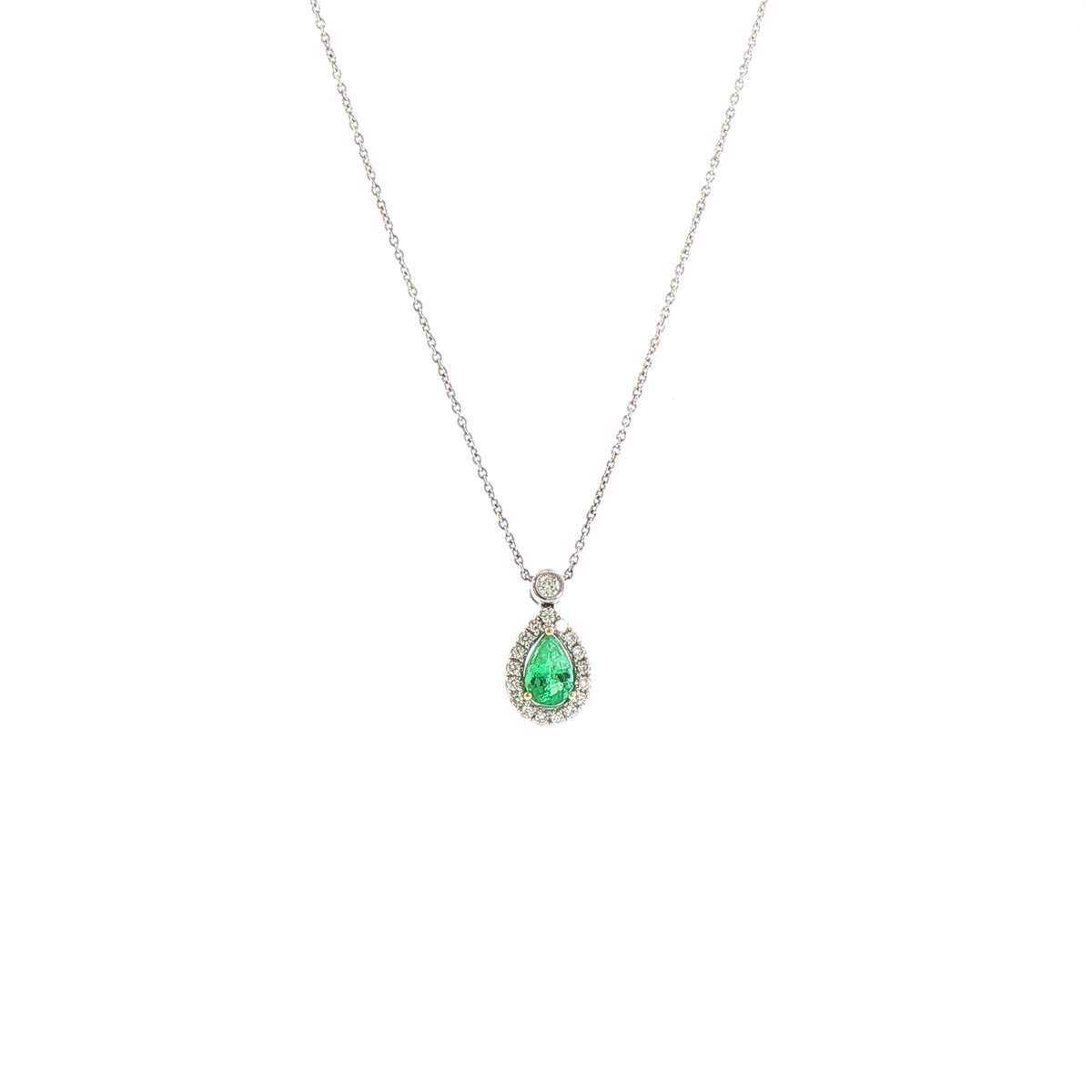 Pear-Cut Natural Emerald and Diamond Halo Pendant in 18ct White Gold