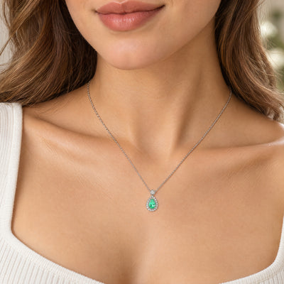 Pear-Cut Natural Emerald and Diamond Halo Pendant in 18ct White Gold