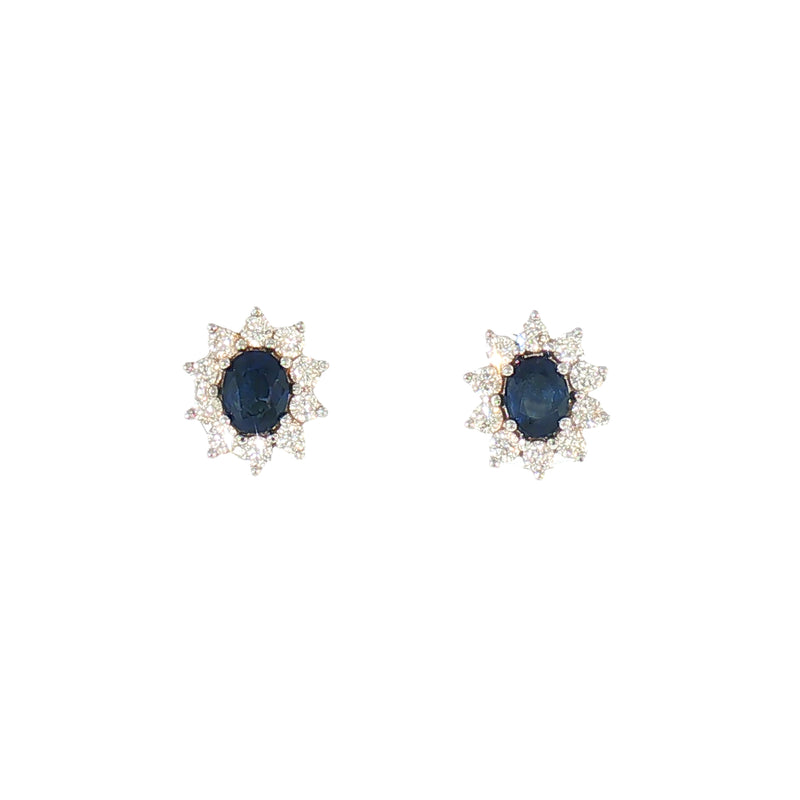 Vintage Sapphire and Natural Diamond Oval Cluster Earrings in 18ct White Gold