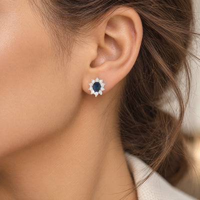 Vintage Sapphire and Natural Diamond Oval Cluster Earrings in 18ct White Gold