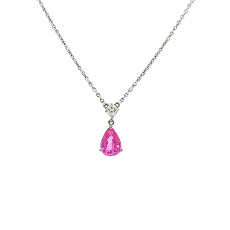 18ct White Gold Pear Pink Sapphire and Round Natural Diamond Pendant