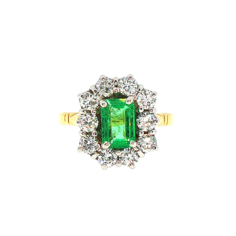1ct Emerald & 0.45ct Natural Diamond Cluster in 18ct Yellow Gold