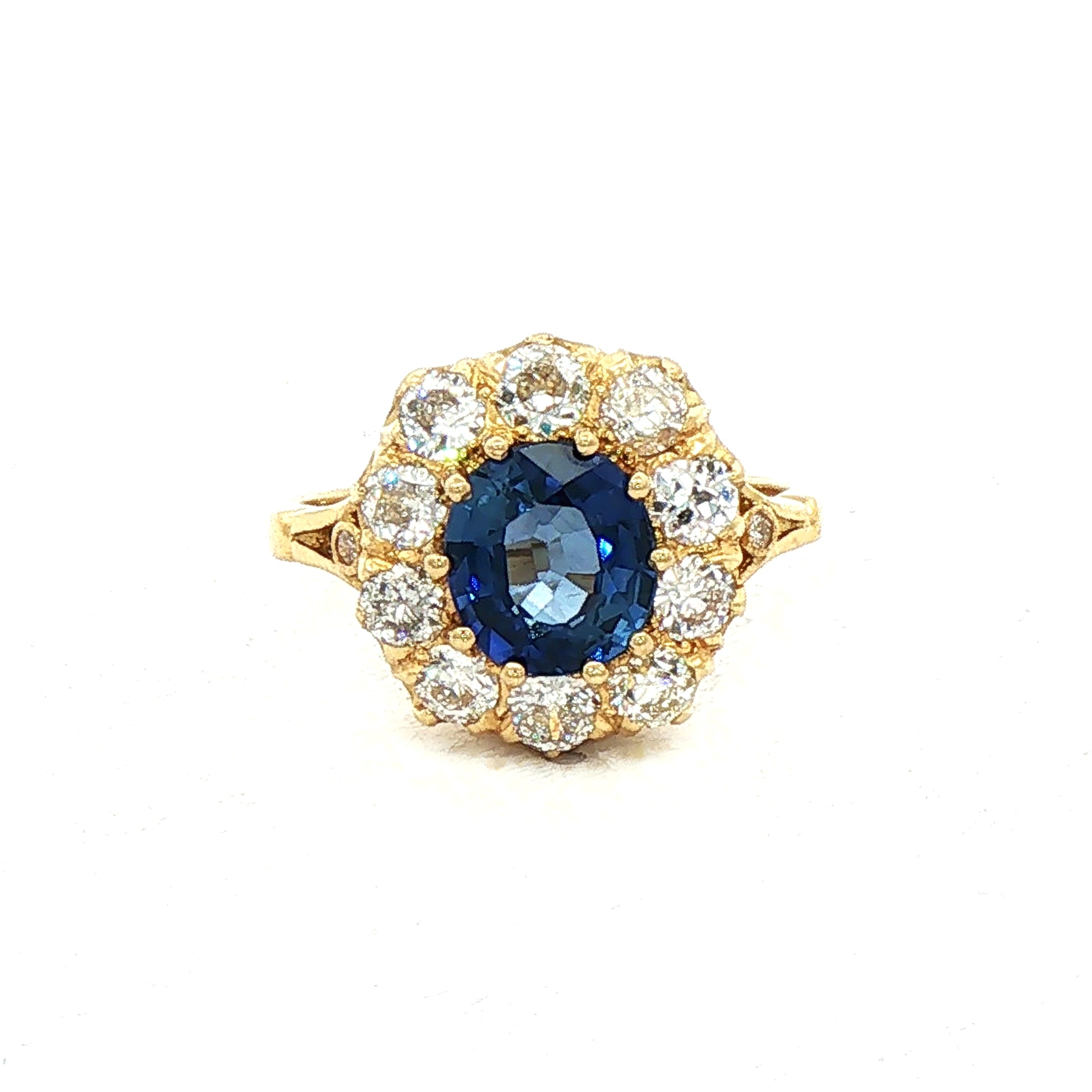 2.15ct Sapphire & 1.25ct Natural Diamond Halo Cluster Cocktail ring in 18ct Yellow Gold