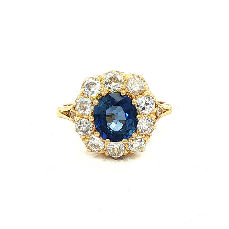 2.15ct Sapphire & 1.25ct Natural Diamond Halo Cluster Cocktail ring in 18ct Yellow Gold