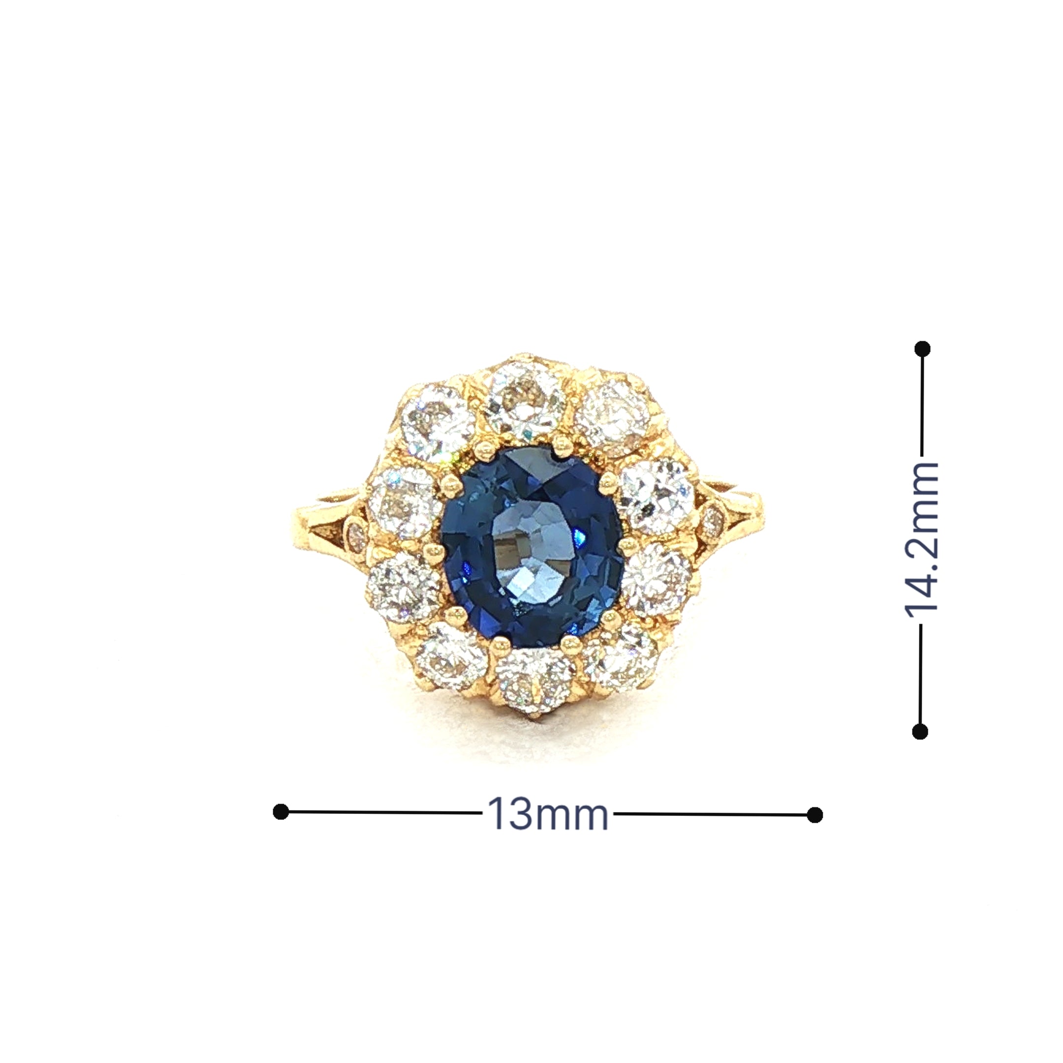 2.15ct Sapphire & 1.25ct Natural Diamond Halo Cluster Cocktail ring in 18ct Yellow Gold