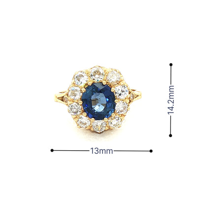2.15ct Sapphire & 1.25ct Natural Diamond Halo Cluster Cocktail ring in 18ct Yellow Gold