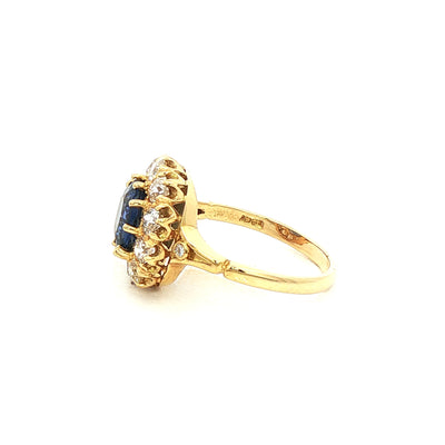 2.15ct Sapphire & 1.25ct Natural Diamond Halo Cluster Cocktail ring in 18ct Yellow Gold