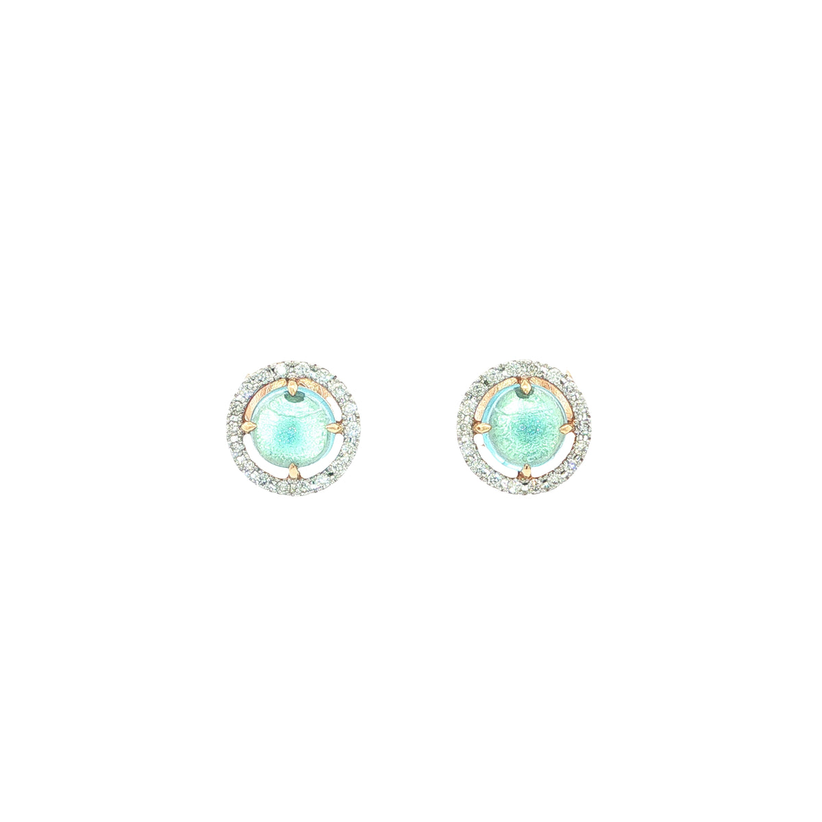Cabochon Blue Topaz And Natural Diamond Halo Earrings Set In 18ct Yellow Gold