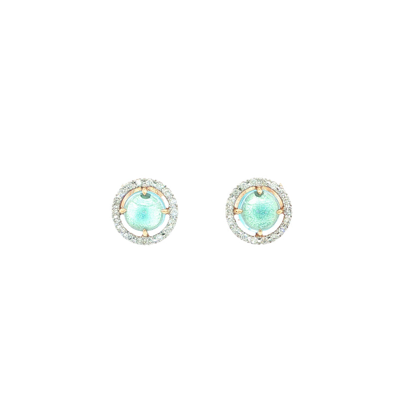 Cabochon Blue Topaz And Natural Diamond Halo Earrings Set In 18ct Yellow Gold
