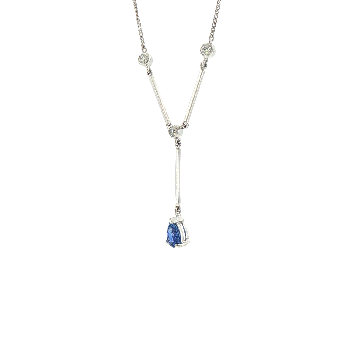 Vintage Natural Sapphire and Diamond Drop Necklace in 18ct White Gold