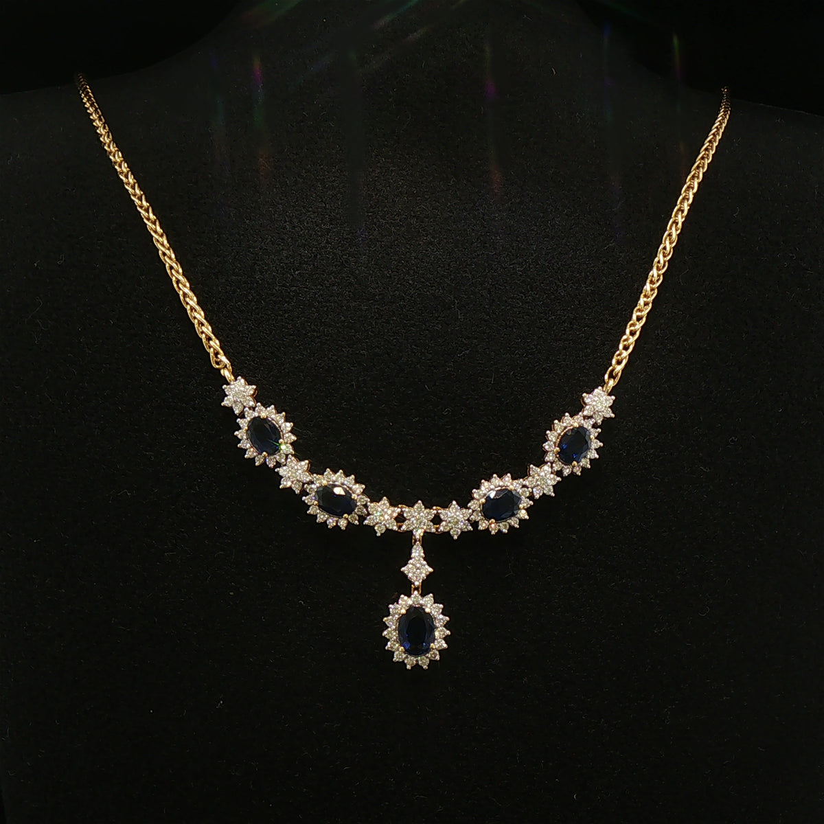Vintage Oval Sapphire and Natural Diamond Cluster Necklet in 18ct Yellow Gold