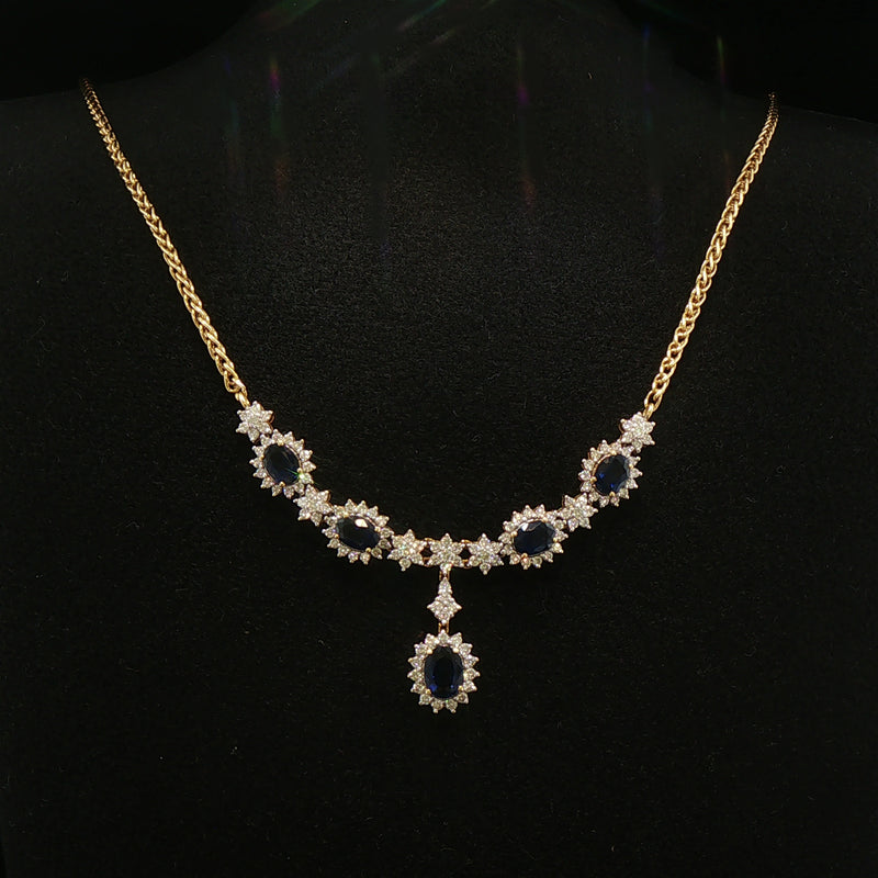 Vintage Oval Sapphire and Natural Diamond Cluster Necklet in 18ct Yellow Gold