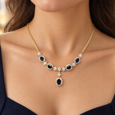 Vintage Oval Sapphire and Natural Diamond Cluster Necklet in 18ct Yellow Gold