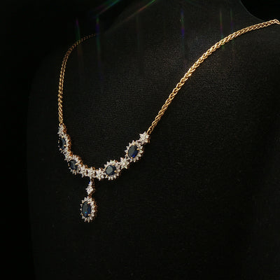 Vintage Oval Sapphire and Natural Diamond Cluster Necklet in 18ct Yellow Gold