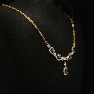 Vintage Oval Sapphire and Natural Diamond Cluster Necklet in 18ct Yellow Gold