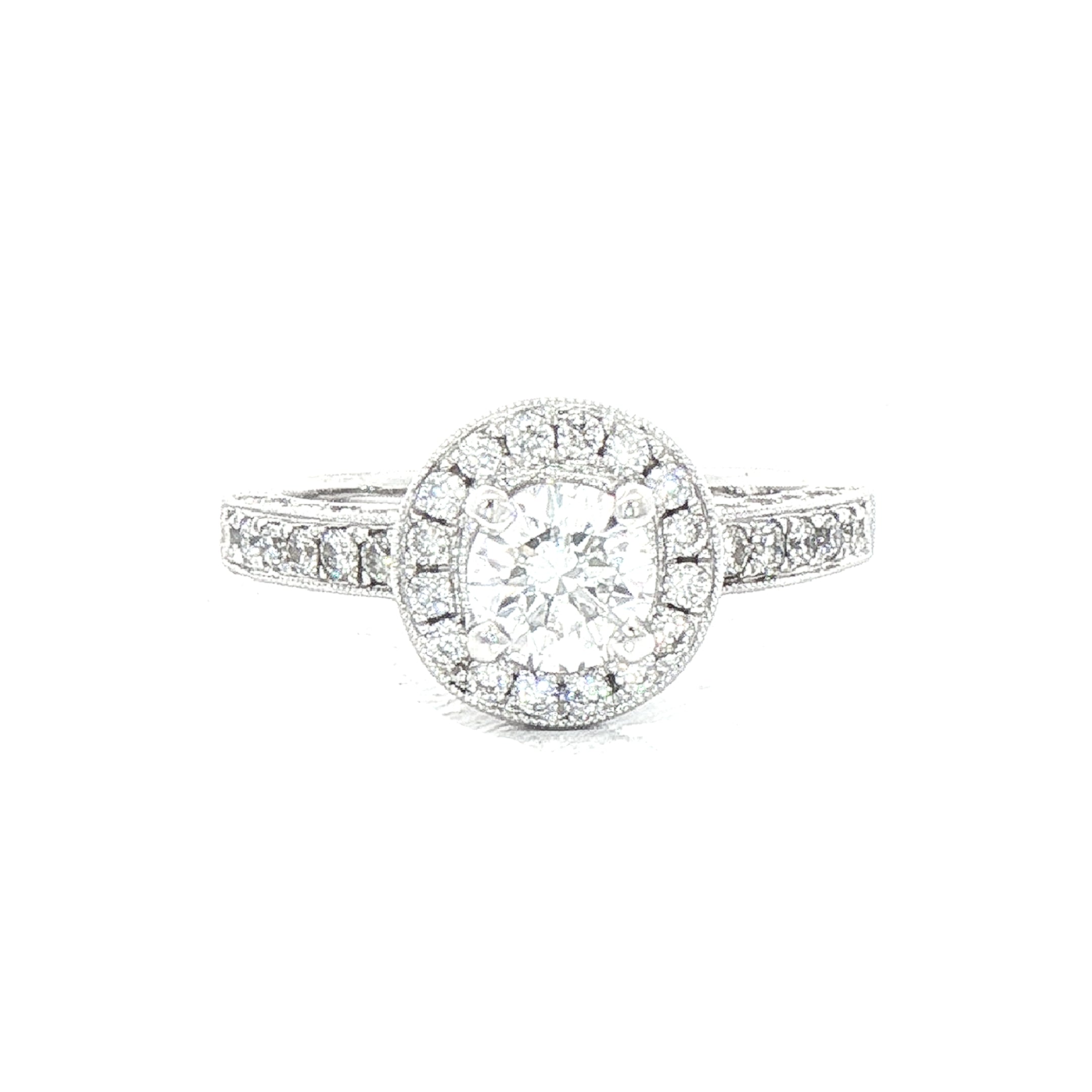 1.00ct Natural Diamond Vintage Round Halo Cluster Ring with Diamond Shoulders in 18ct White Gold