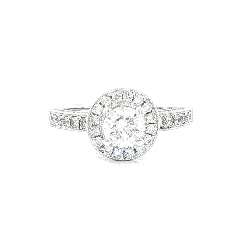 1.00ct Natural Diamond Vintage Round Halo Cluster Ring with Diamond Shoulders in 18ct White Gold