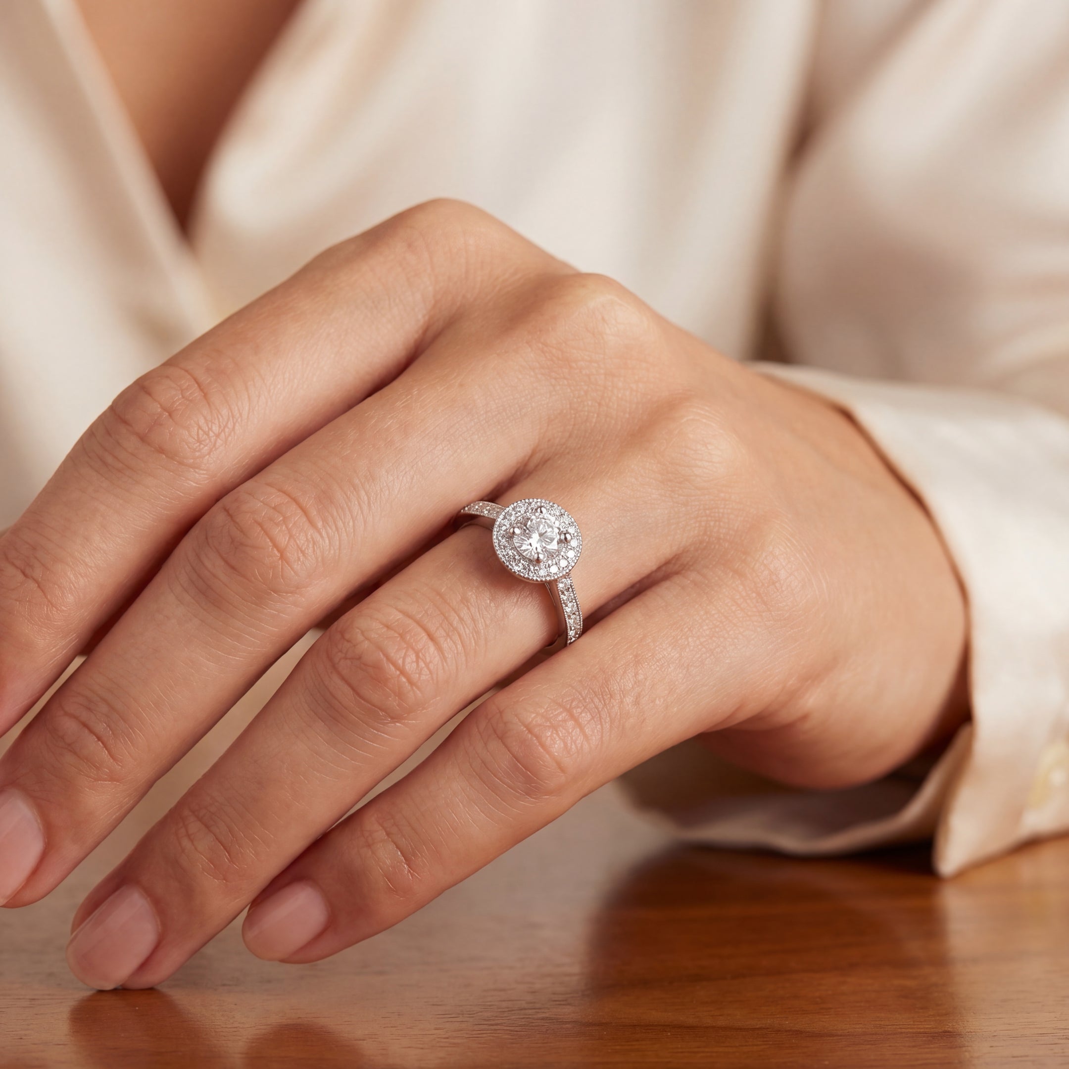 1.00ct Natural Diamond Vintage Round Halo Cluster Ring with Diamond Shoulders in 18ct White Gold