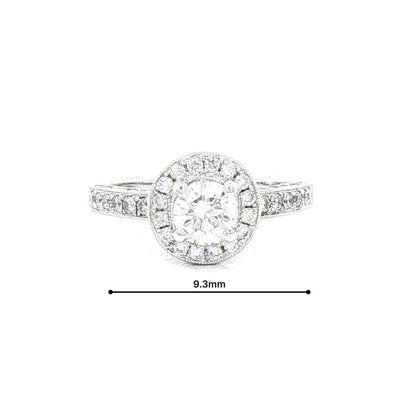 1.00ct Natural Diamond Vintage Round Halo Cluster Ring with Diamond Shoulders in 18ct White Gold