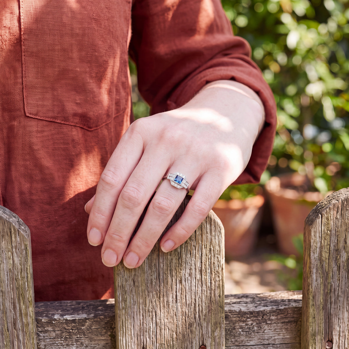 Vintage Natural Princess cut Sapphire and Natural Diamond Cluster Ring in Grain Setting 18ct Yellow Gold and Platinum