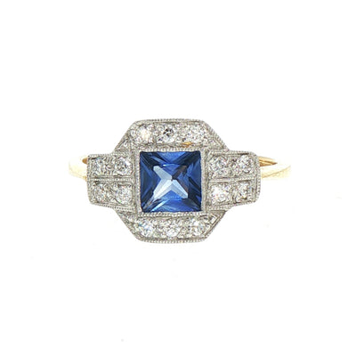 Vintage Natural Princess cut Sapphire and Natural Diamond Cluster Ring in Grain Setting 18ct Yellow Gold and Platinum
