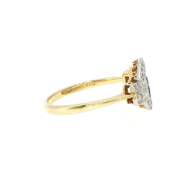 Vintage Natural Princess cut Sapphire and Natural Diamond Cluster Ring in Grain Setting 18ct Yellow Gold and Platinum