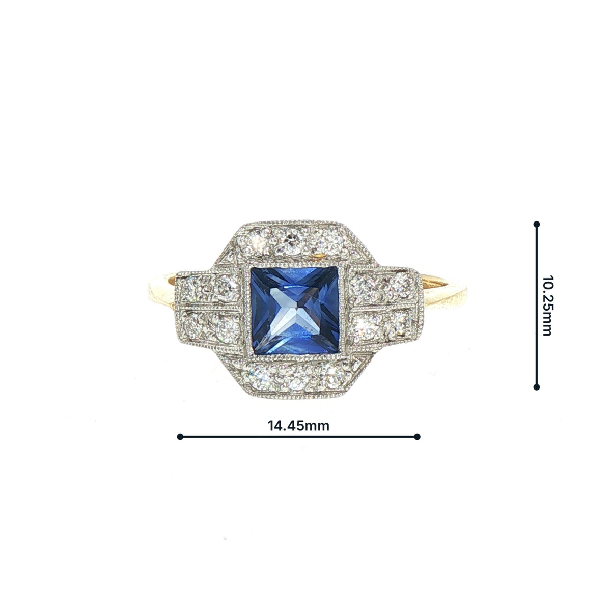 Vintage Natural Princess cut Sapphire and Natural Diamond Cluster Ring in Grain Setting 18ct Yellow Gold and Platinum