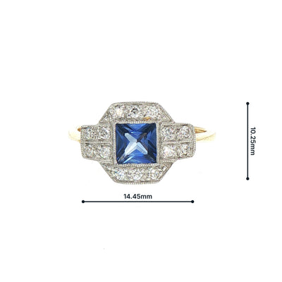 Vintage Natural Princess cut Sapphire and Natural Diamond Cluster Ring in Grain Setting 18ct Yellow Gold and Platinum