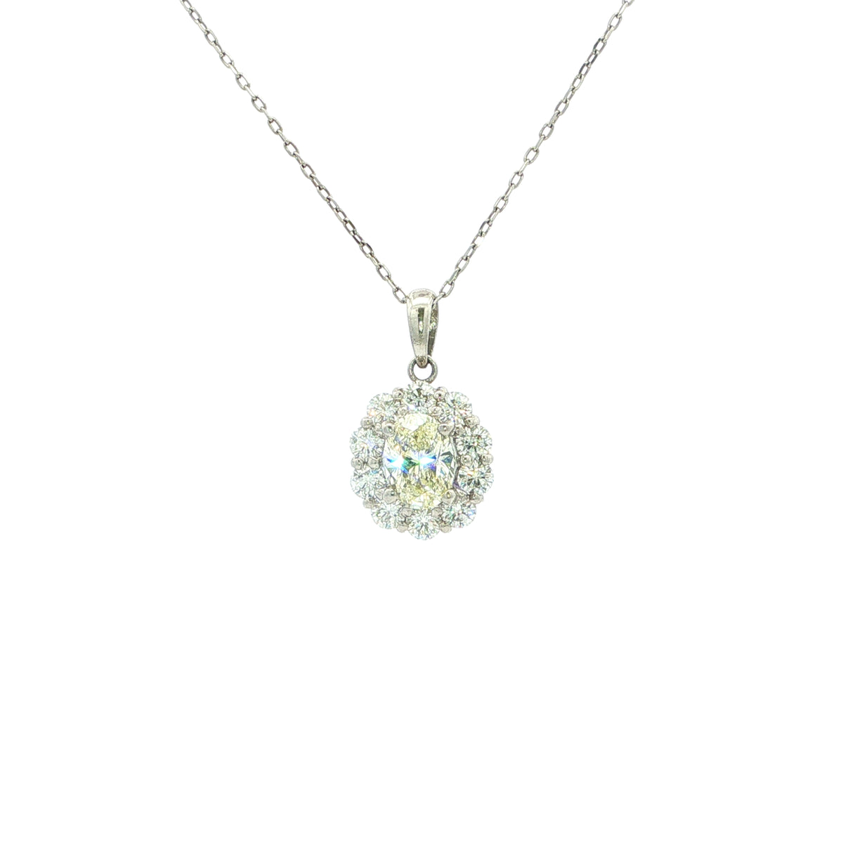 Vintage Oval Yellow Natural Diamond Cluster Pendant and Chain in Platinum