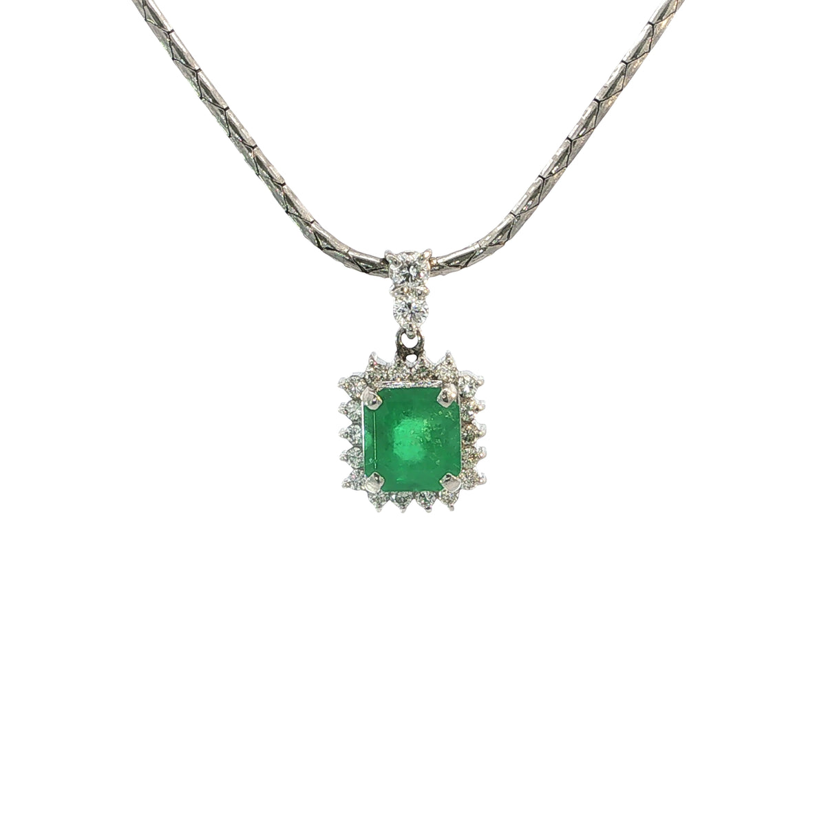 Vintage Square Cut Natural Emerald And Diamond Cluster Pendant Set In Platinum