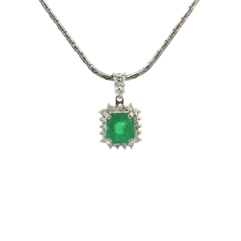Vintage Square Cut Natural Emerald And Diamond Cluster Pendant Set In Platinum