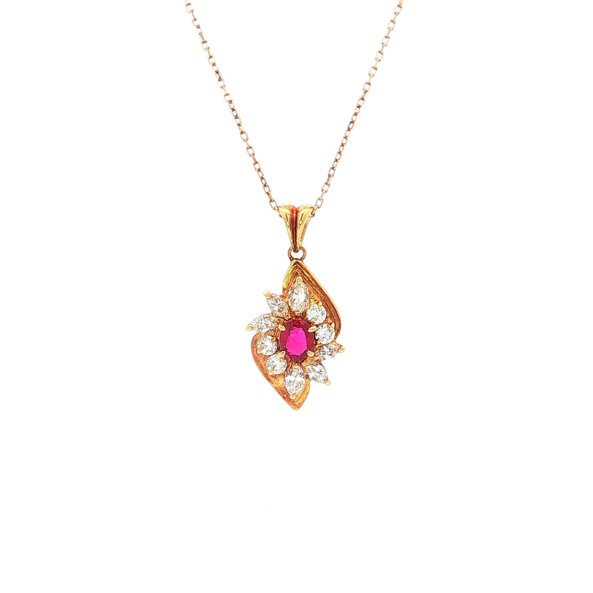 Ruby and Natural Diamond Cluster Pendant Necklace in 18ct Yellow Gold