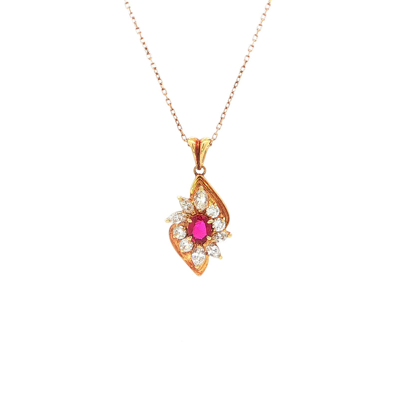 Ruby and Natural Diamond Cluster Pendant Necklace in 18ct Yellow Gold