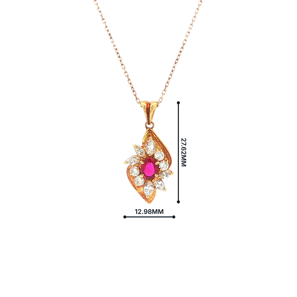 Ruby and Natural Diamond Cluster Pendant Necklace in 18ct Yellow Gold