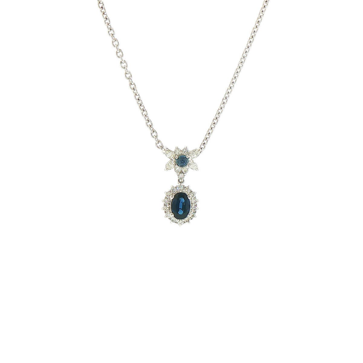 Vintage Oval Sapphire and Natural Diamond Cluster Pendant and Chain in Platinum