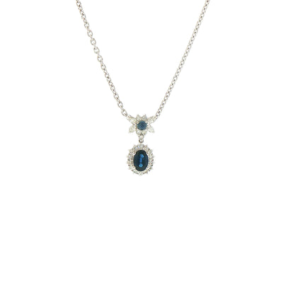 Vintage Oval Sapphire and Natural Diamond Cluster Pendant and Chain in Platinum