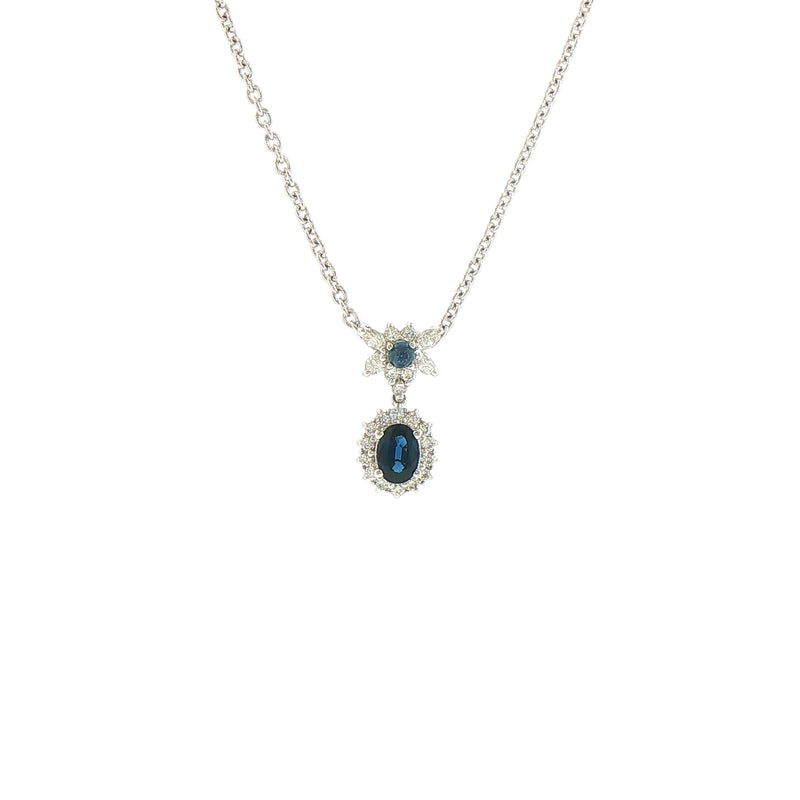 Vintage Oval Sapphire and Natural Diamond Cluster Pendant and Chain in Platinum