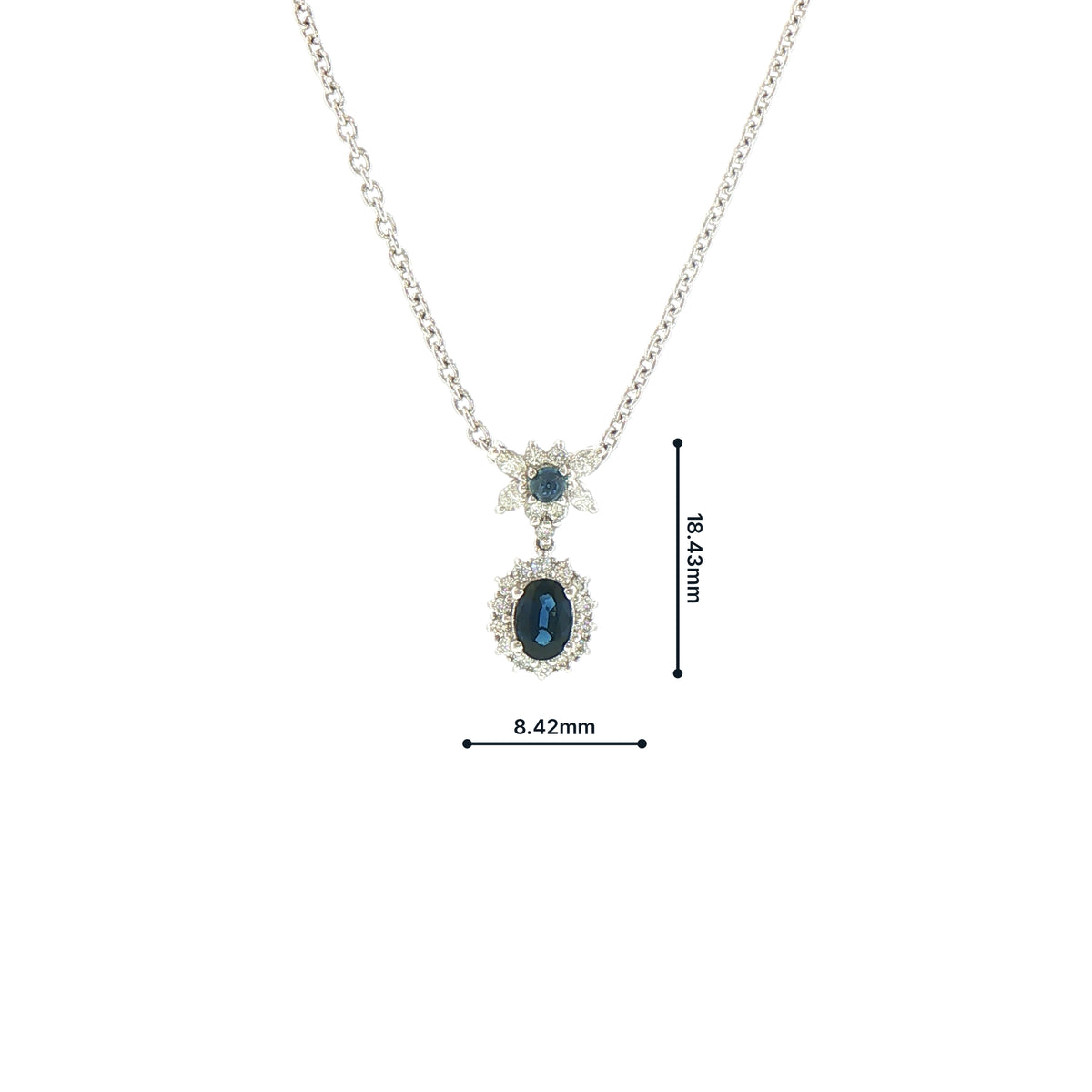 Vintage Oval Sapphire and Natural Diamond Cluster Pendant and Chain in Platinum