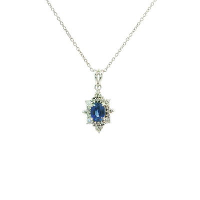 Royal Blue Sapphire and Natural Diamond Halo Pendant Necklace in White Gold