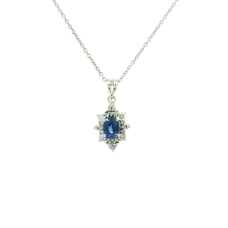 Royal Blue Sapphire and Natural Diamond Halo Pendant Necklace in White Gold