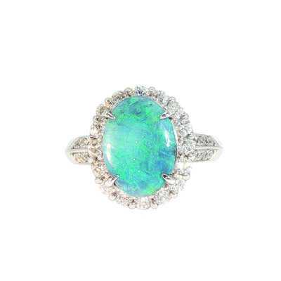 Vintage Oval Black Opal and Natural Diamond Cluster Ring in Platinum