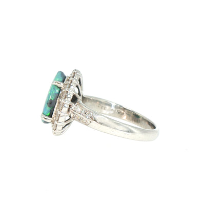 Vintage Oval Black Opal and Natural Diamond Cluster Ring in Platinum